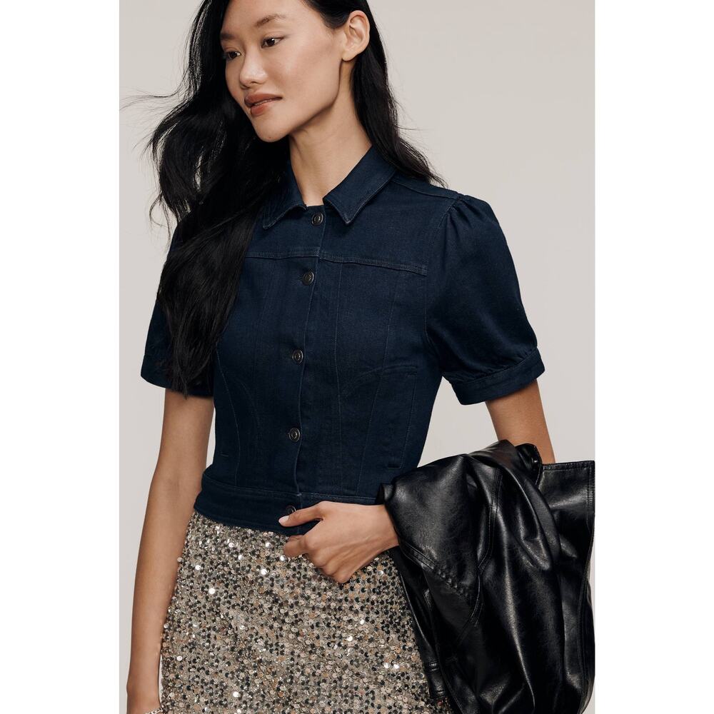 Anthropologie Maeve Cropped Puff Sleeve Denim Jacket